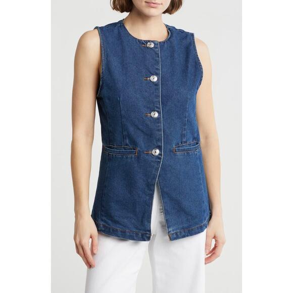 Vigoss Button Up Sleeveless Cotton Blend Denim Suit Vest in Blue Womens Large - Picture 1 of 6